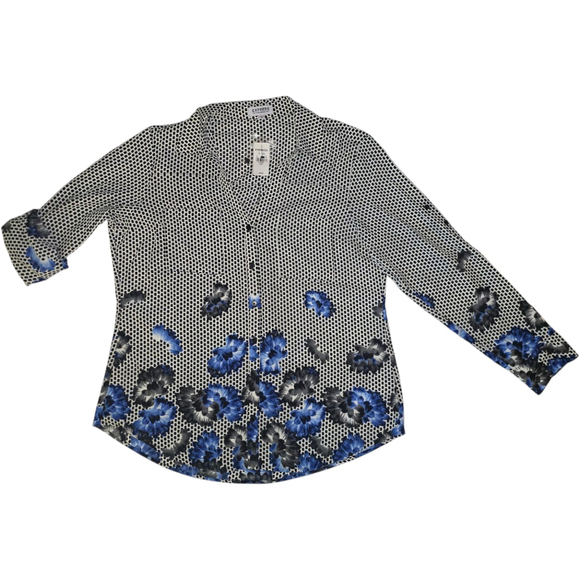 VTG Women's Express Button-Up Shirt Size LG White Black Polka Dot Blue Floral - Picture 1 of 4
